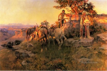 印象派 Painting - ワゴンズ・カウボーイのチャールズ・マリオン・ラッセル・インディアナを見つめる